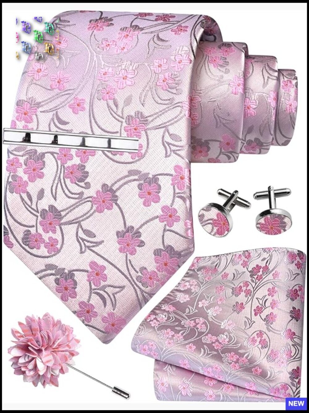 Men's Formal Tie Set with Cufflinks Pocket Square Clip Lapel Pin